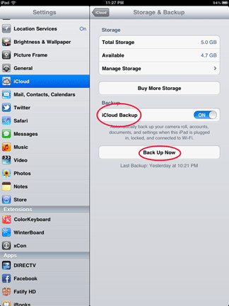 iCloud Backup Settings, Back Up Now